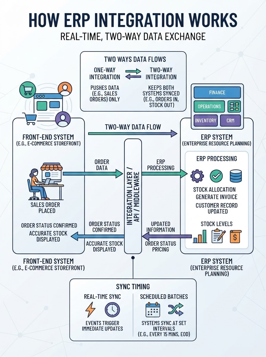 Diagram showing real-time two-way data exchange between a front-end e-commerce system and an ERP system via an integration layer