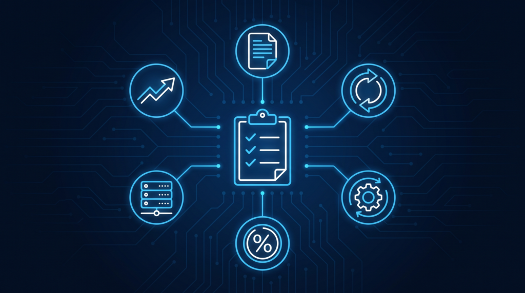 Diagram showing a checklist surrounded by icons for documents, sync, automation, tax, servers and scalability, representing ERP evaluation criteria