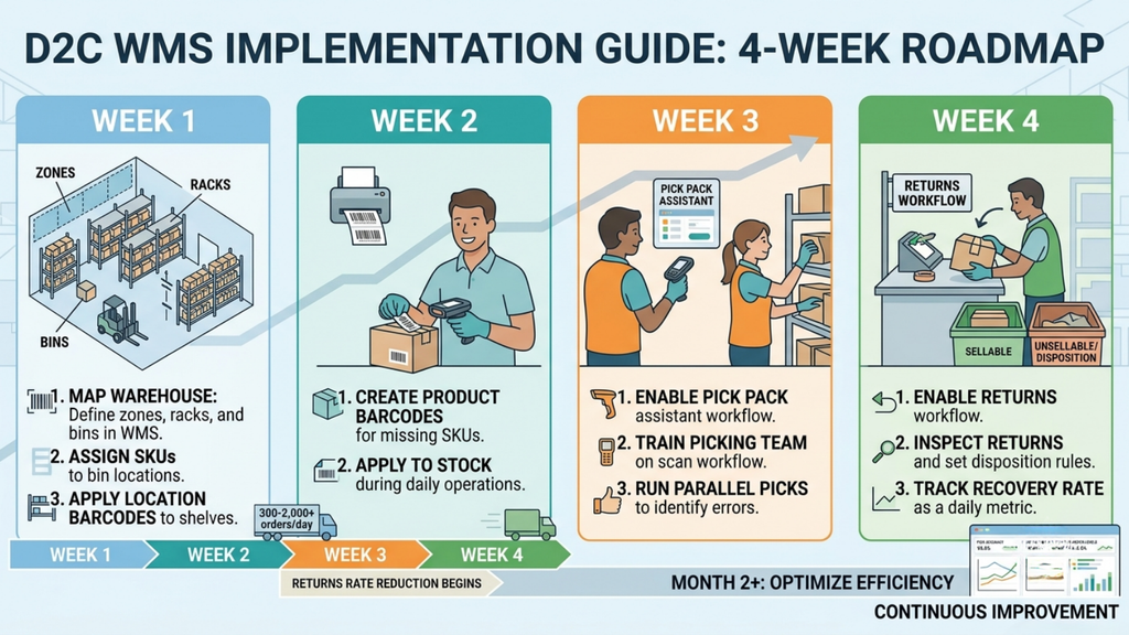 Four-week D2C WMS implementation roadmap covering warehouse mapping, barcode creation, pick-pack training, returns setup, and efficiency tracking