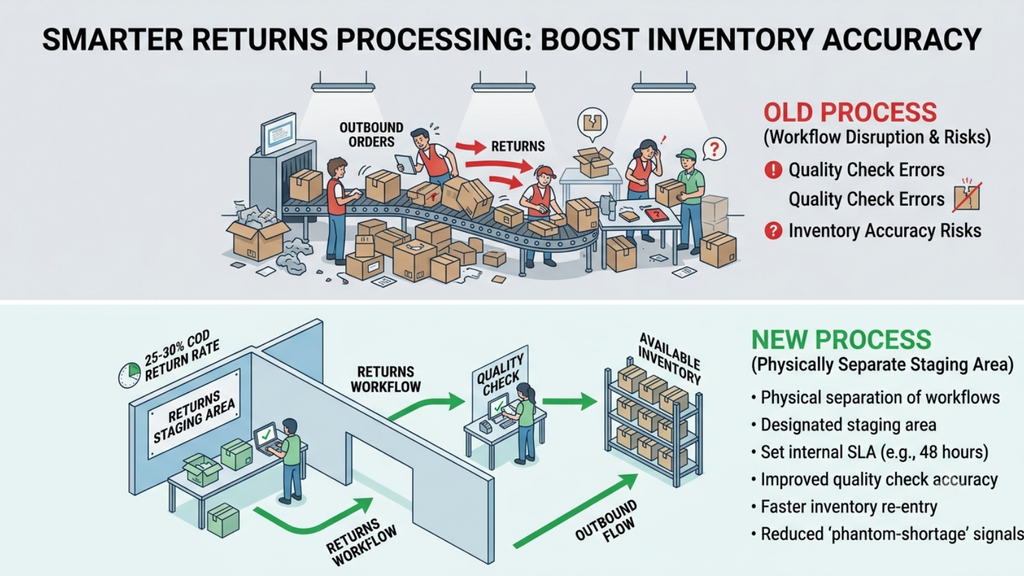Returns processing workflow showing how separate staging and quality checks can improve inventory accuracy