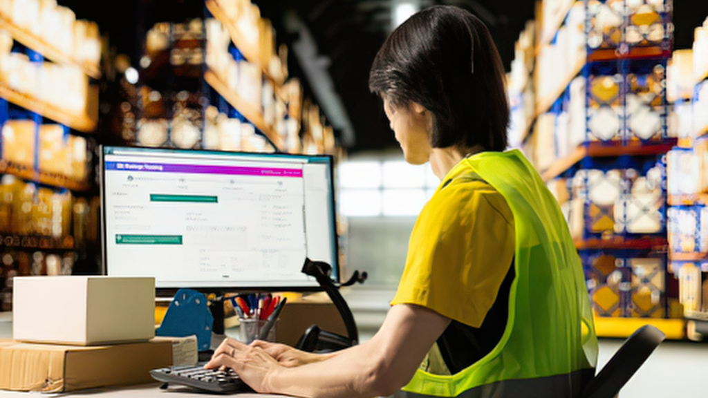 Warehouse worker using inventory management software to monitor stock and warehouse operations