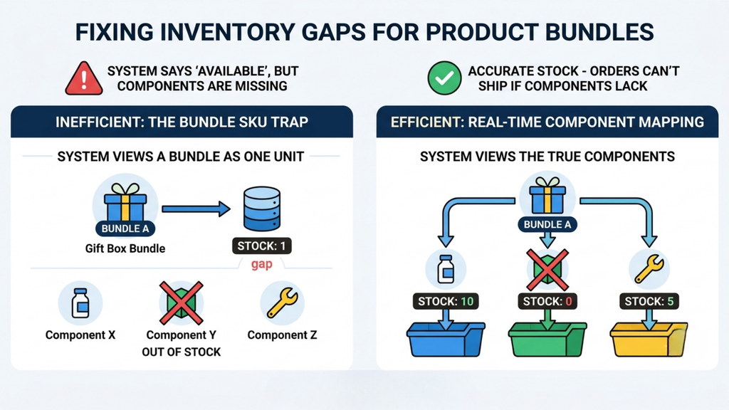 Product bundle inventory management showing component-level stock tracking to prevent bundle-related inventory discrepancies