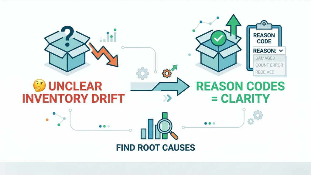 Inventory adjustment workflow showing how reason codes help identify root causes of unexplained stock drift