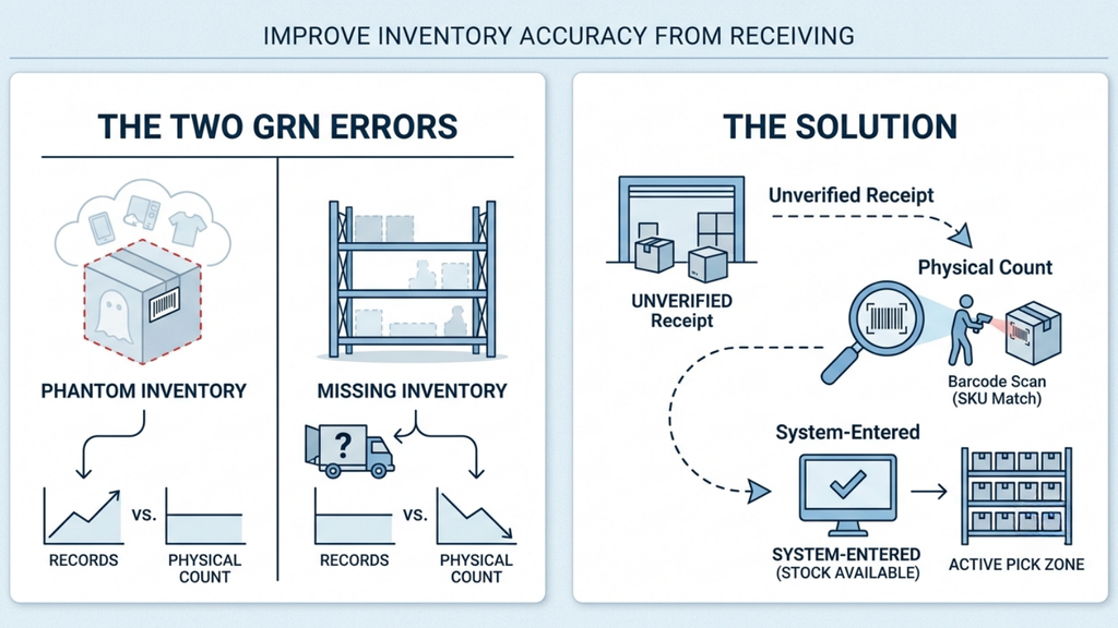 Goods receiving accuracy workflow comparing unverified receipts with physical counting and system-verified inventory