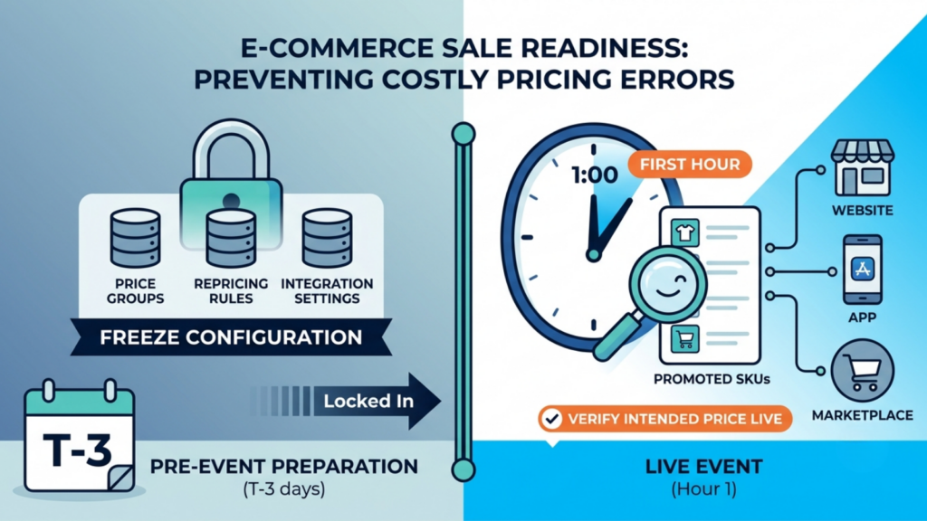 Sale readiness checklist showing frozen pricing configurations and live price verification during the first hour