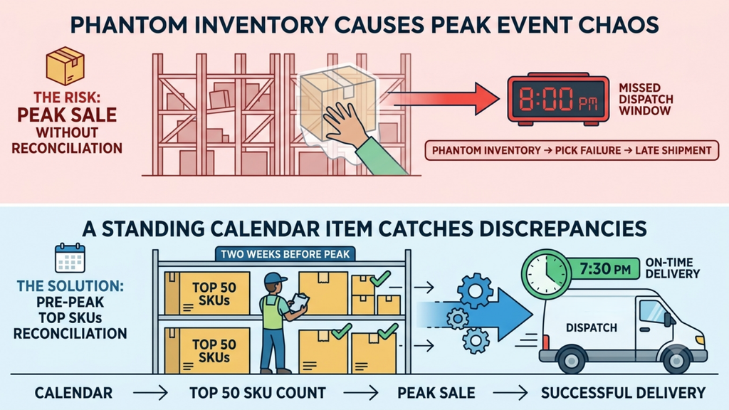 Pre-peak inventory reconciliation process showing a top-SKU stock count before a major ecommerce sale