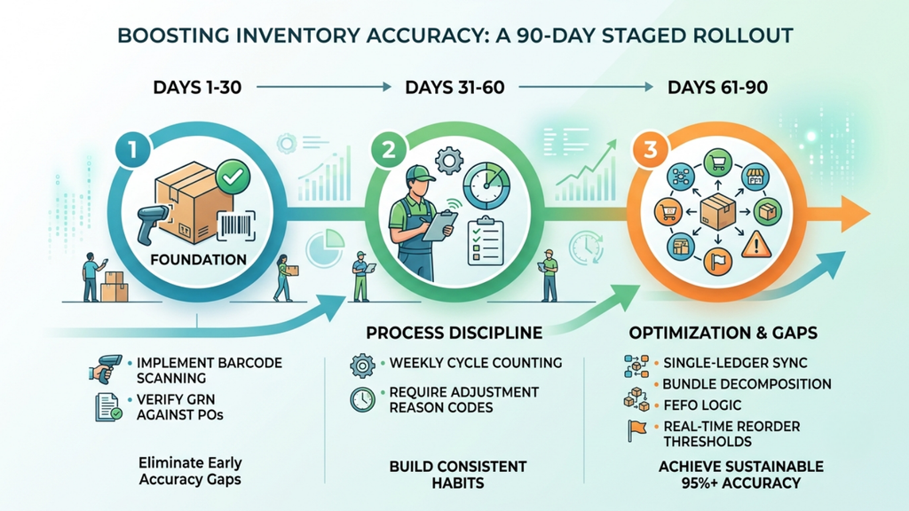 90-day inventory accuracy improvement roadmap covering barcode scanning, cycle counts, process discipline, and optimization