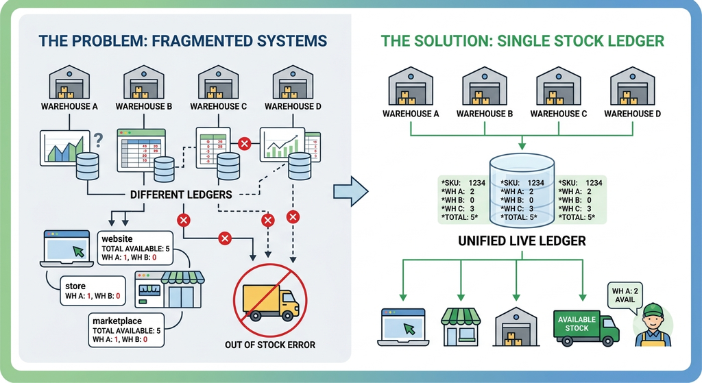 Shared inventory ledger diagram showing multiple warehouses and sales channels connected through one unified stock system