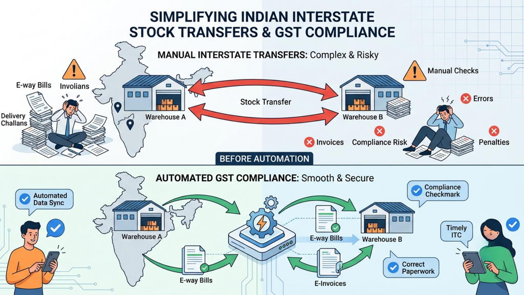 GST-compliant interstate inventory transfer workflow showing documentation and stock movement between warehouses