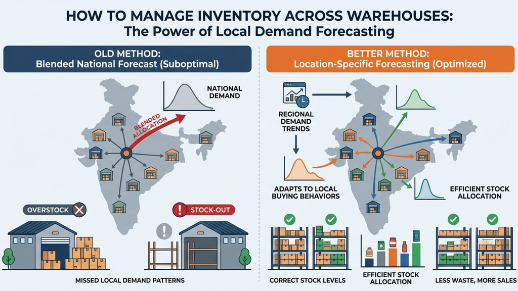 Multi-location demand forecasting infographic showing regional sales patterns and inventory planning for different warehouses