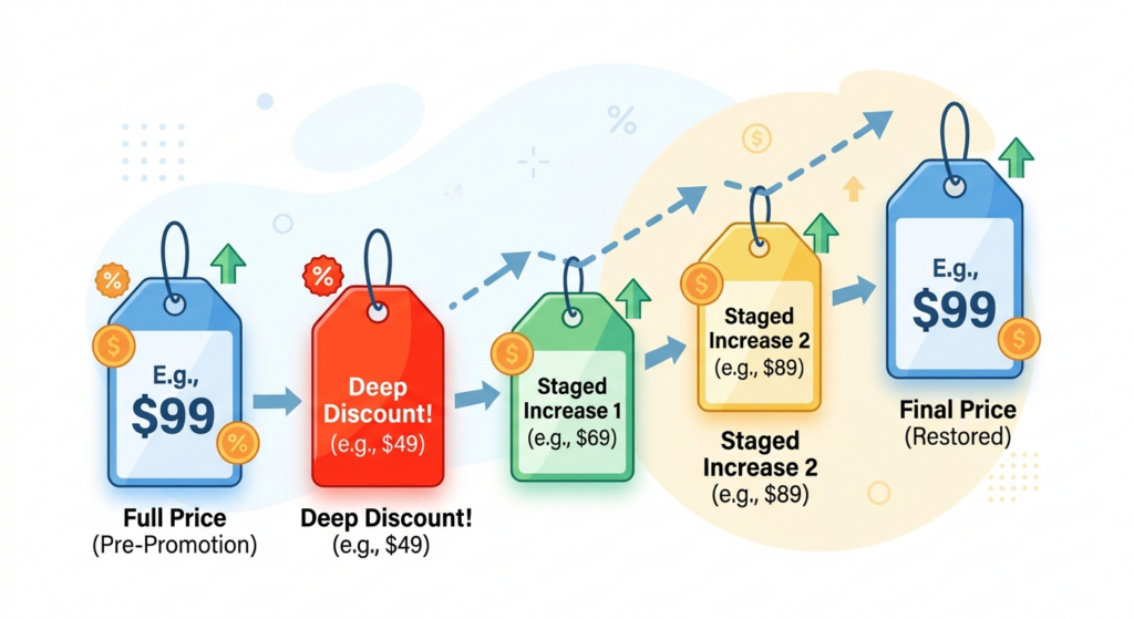 Staged price restoration strategy showing the transition from full price through discount levels back to the final price
