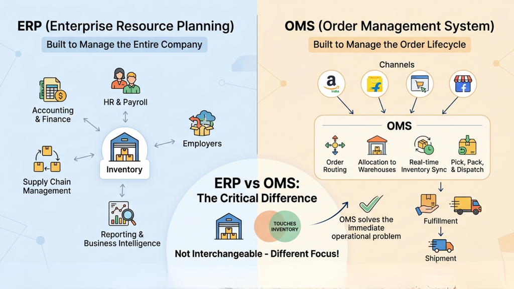 ERP vs OMS comparison showing how ERP manages broader business functions while OMS focuses on ecommerce order operations