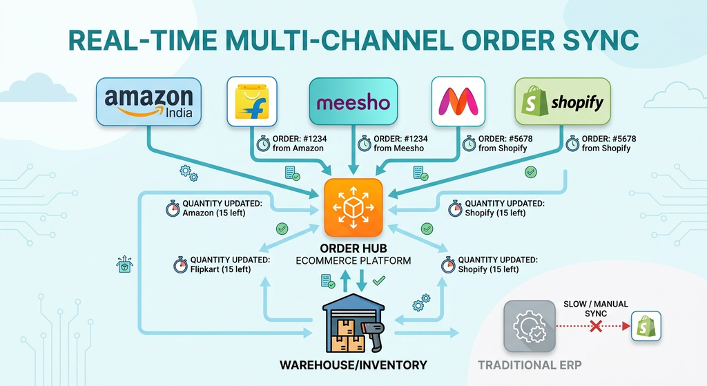 Real-time multi-channel order synchronization connecting Amazon, Flipkart, Meesho, Myntra, Shopify, inventory, and order management