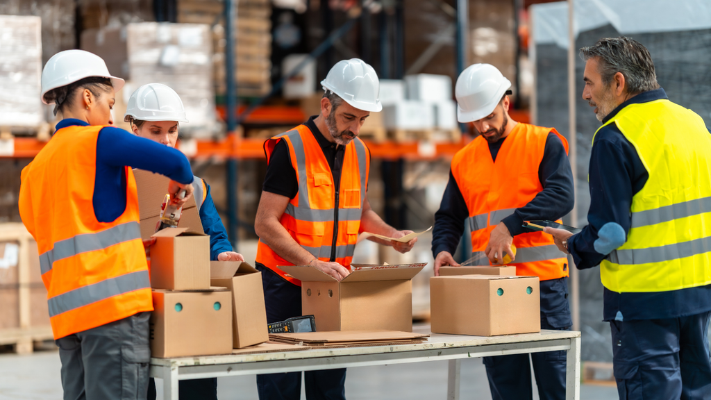 Warehouse workers handling ecommerce packages to illustrate physical warehouse operations and order fulfillment