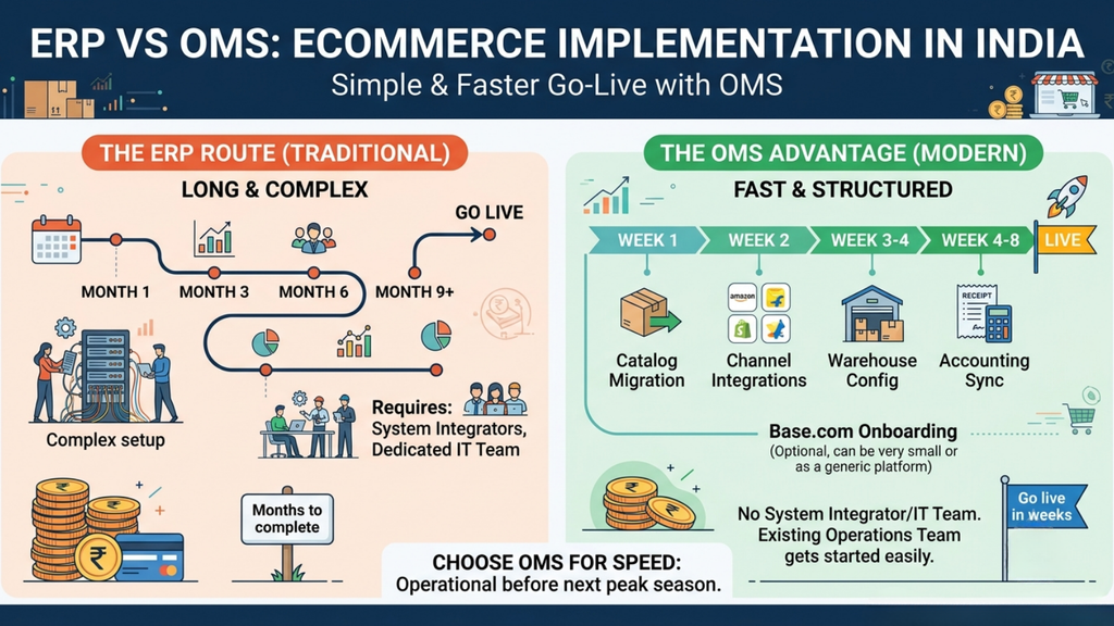 ERP vs OMS implementation comparison showing longer ERP deployment versus faster ecommerce OMS implementation