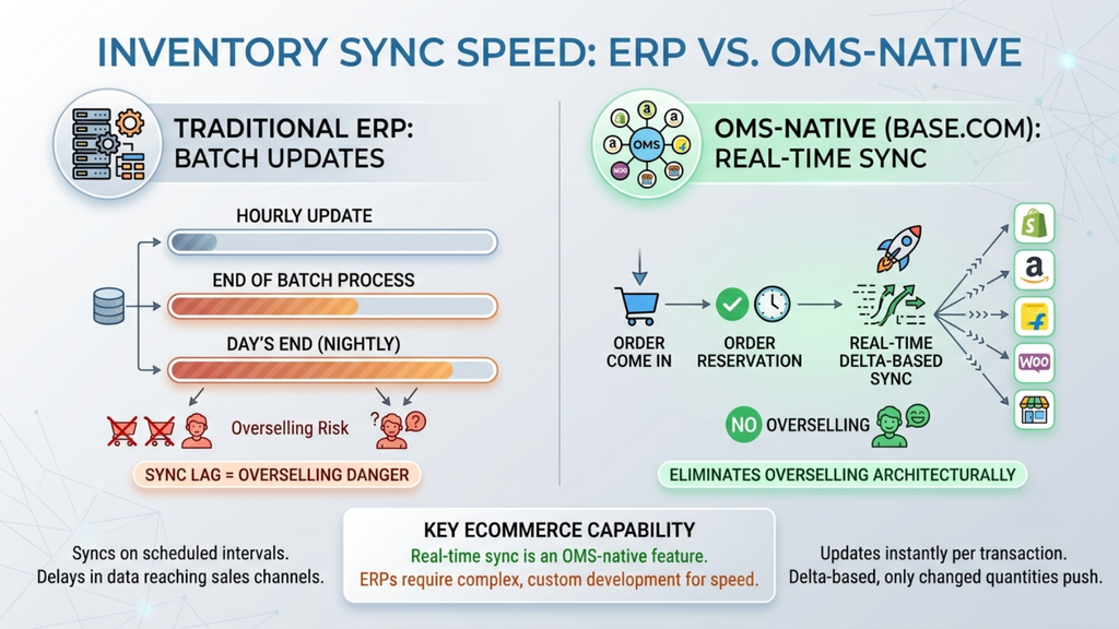 ERP versus OMS inventory synchronization comparison showing batch-based ERP updates and real-time OMS stock synchronization
