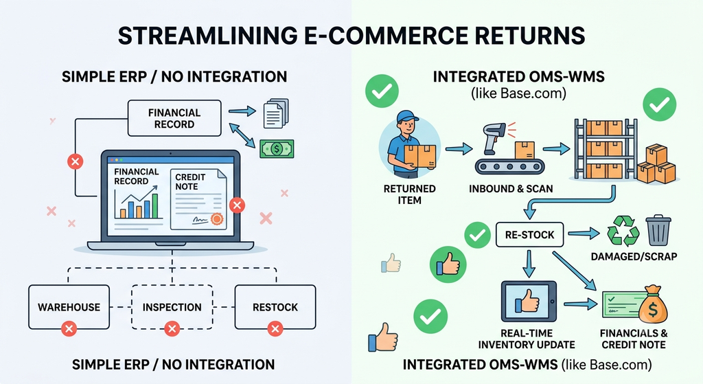 Ecommerce returns workflow comparing traditional ERP processes with integrated returns and RTO management