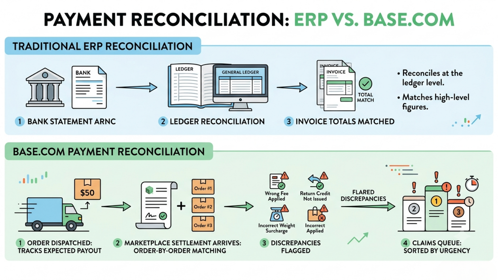 ERP vs Base.com payment reconciliation workflow comparing ledger-level reconciliation with order-level marketplace settlement matching