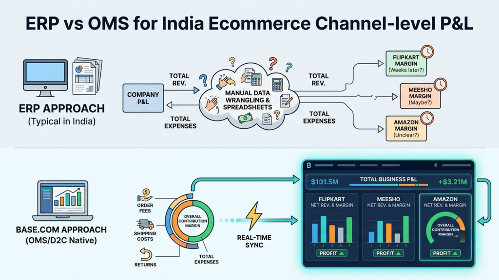 ERP vs OMS channel-level P&L comparison showing company-level financial reporting versus ecommerce channel profitability insights