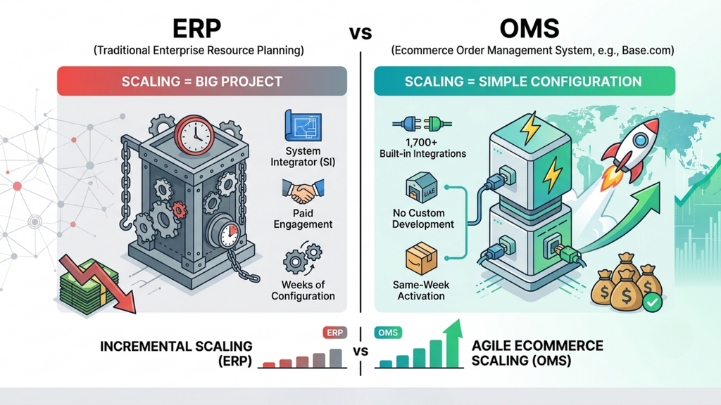 ERP versus OMS scalability comparison showing complex ERP expansion versus flexible ecommerce scaling and integrations