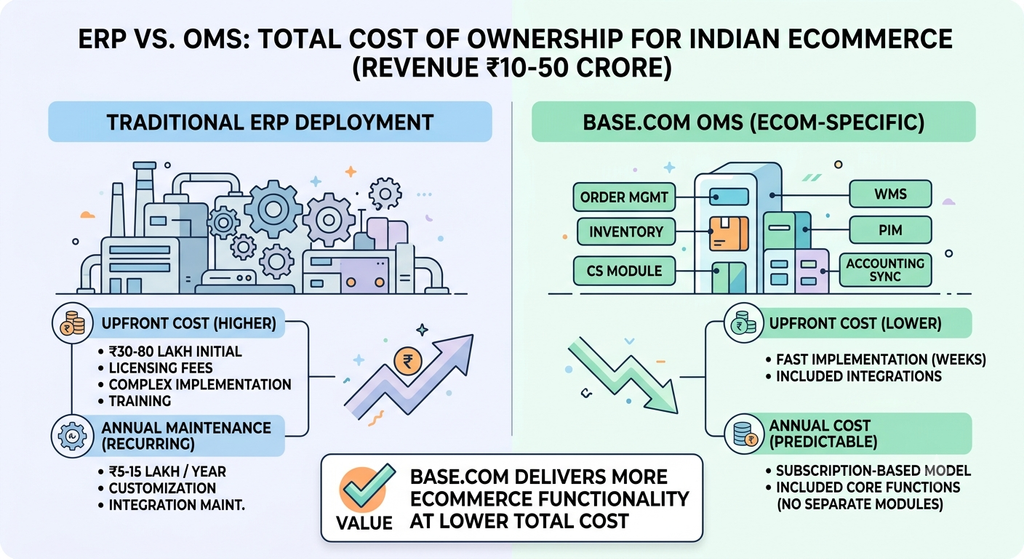 ERP vs OMS total cost of ownership comparison showing traditional ERP implementation costs versus an ecommerce-focused platform