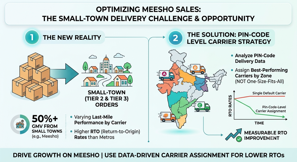 Meesho sales strategy showing small-town growth, pin-code-level carrier selection, and data-driven RTO reduction