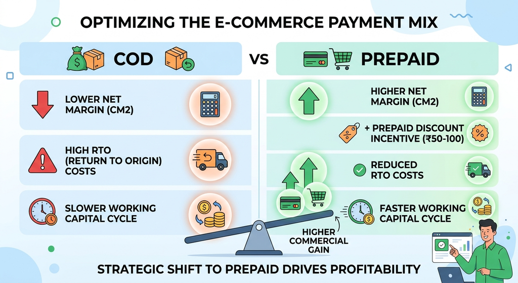 Ecommerce payment mix comparison showing COD versus prepaid orders, contribution margin, RTO costs, and working capital impact
