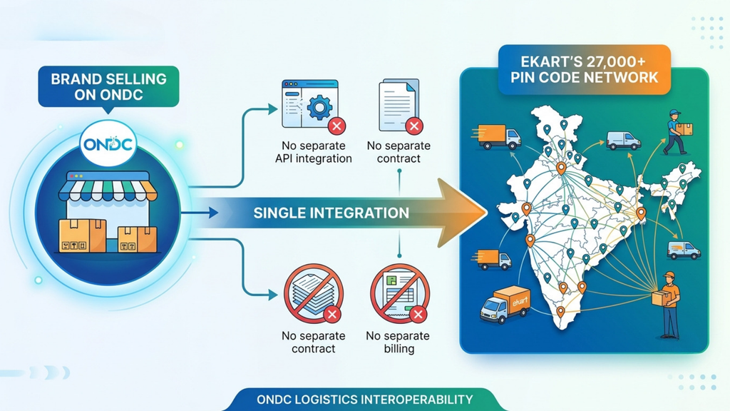 ONDC logistics interoperability graphic showing a brand connecting to Ekart's 27,000-plus pin-code network through a single integration