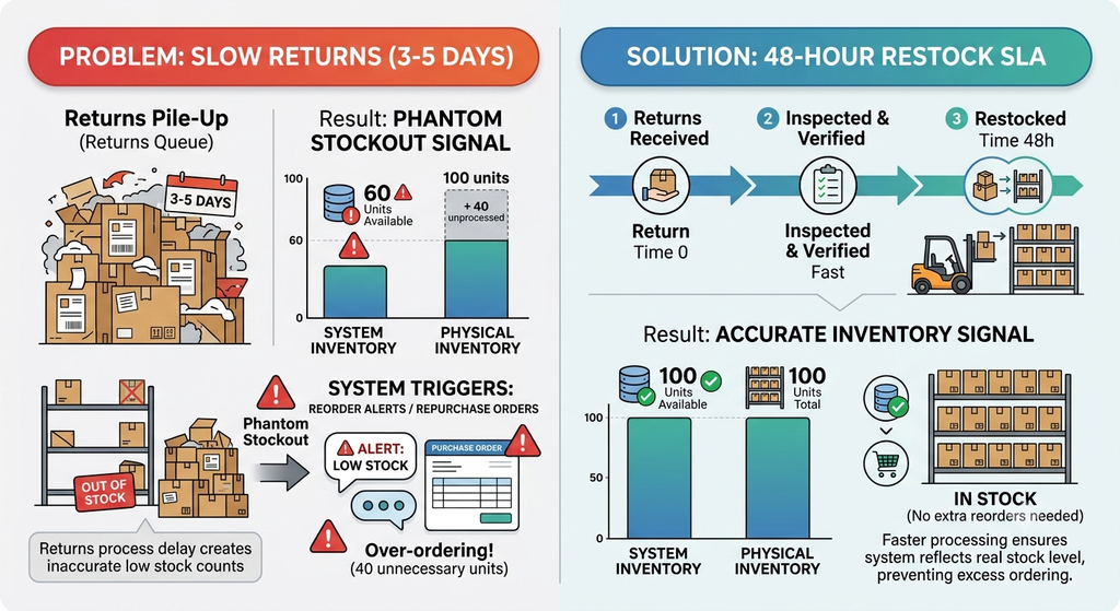 Returns restock workflow comparing slow return processing and phantom stock with a 48-hour restock SLA
