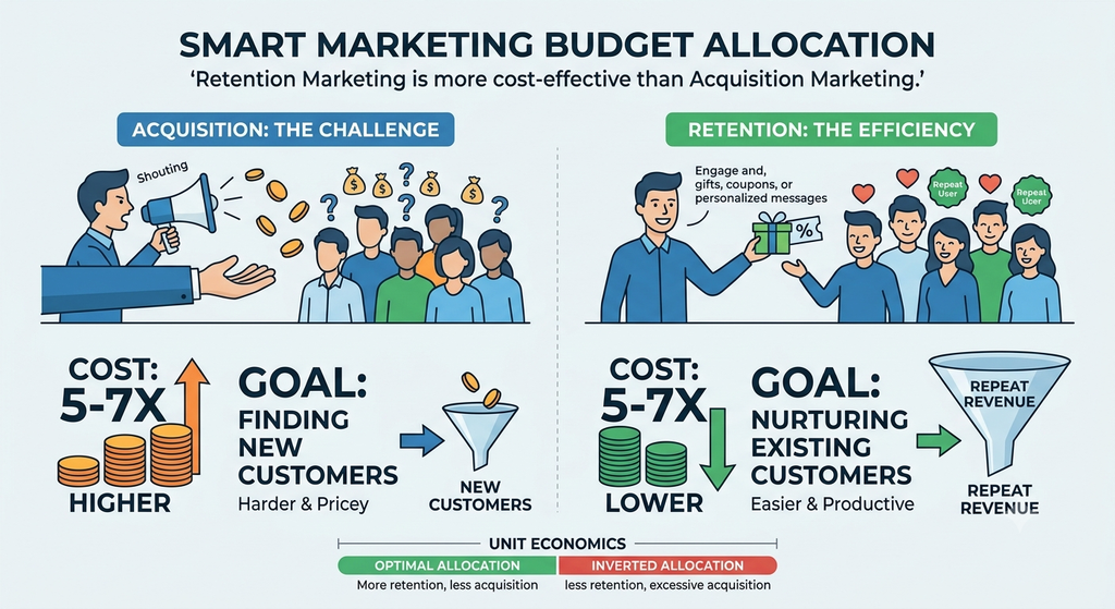 Retention marketing comparison showing lower customer acquisition costs and the value of repeat customers