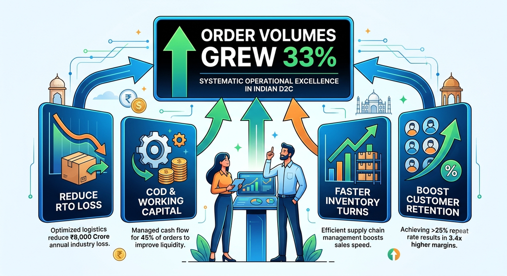 D2C ecommerce growth illustration showing 33% higher order volumes alongside reduced RTO, improved COD conversion, and stronger retention