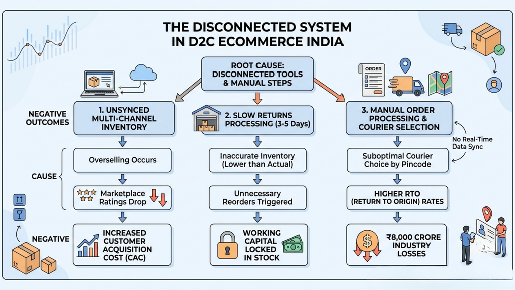 Disconnected D2C ecommerce system showing fragmented inventory, manual order processing, courier selection issues, and operational losses
