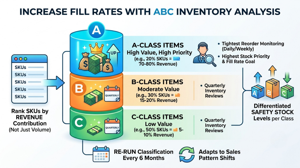 ABC inventory analysis showing A, B, and C class SKUs, differentiated stock priorities, reorder monitoring, and safety stock levels