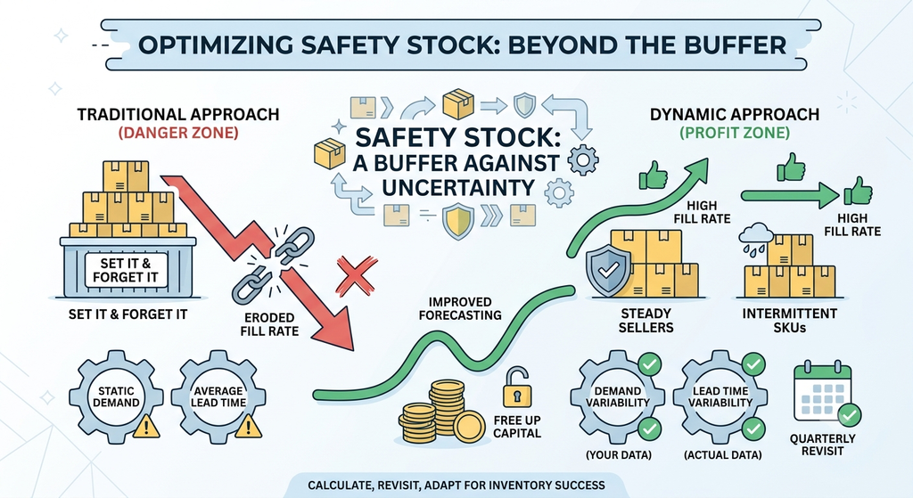 Safety stock optimization framework comparing fixed buffers with dynamic stock levels based on demand variability and supplier lead times