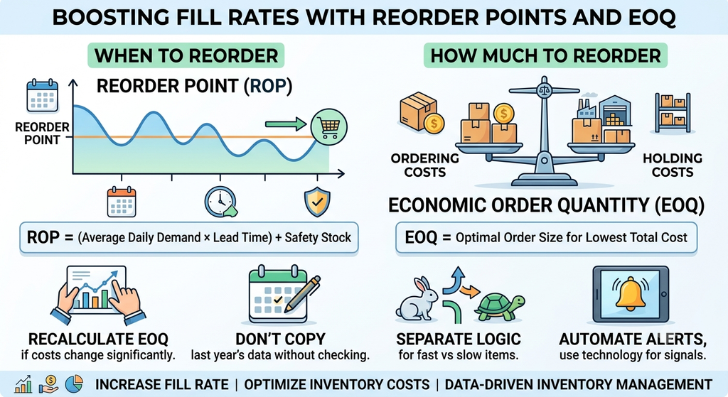 Reorder point and economic order quantity workflow showing when to reorder, how much to order, and how to balance ordering and holding costs
