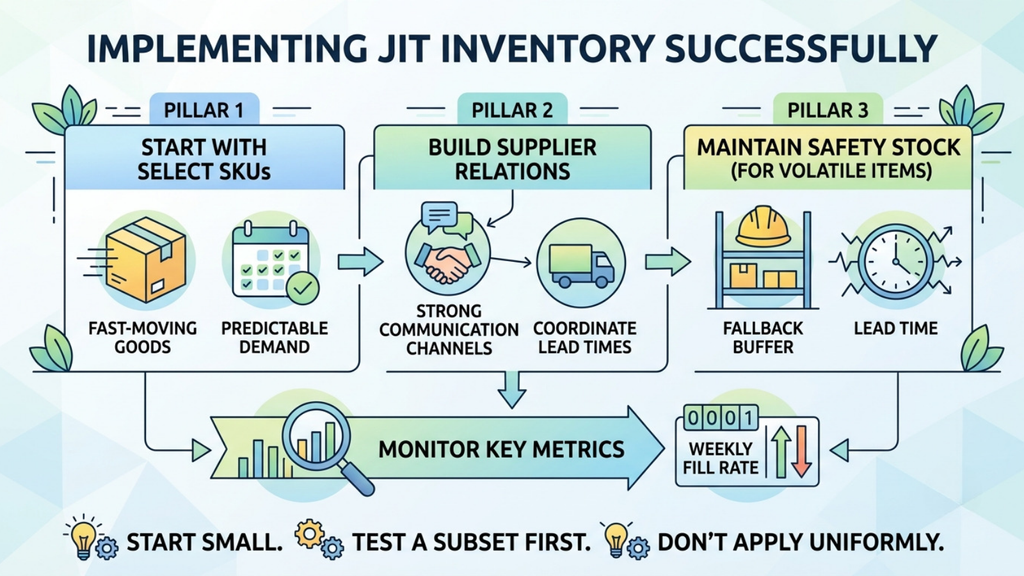 Just-in-time inventory implementation framework covering SKU selection, supplier relationships, safety stock, lead times, and fill rate monitoring