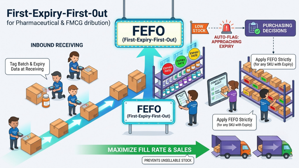 First-Expiry-First-Out inventory workflow showing batch and expiry tracking for pharmaceutical and FMCG stock