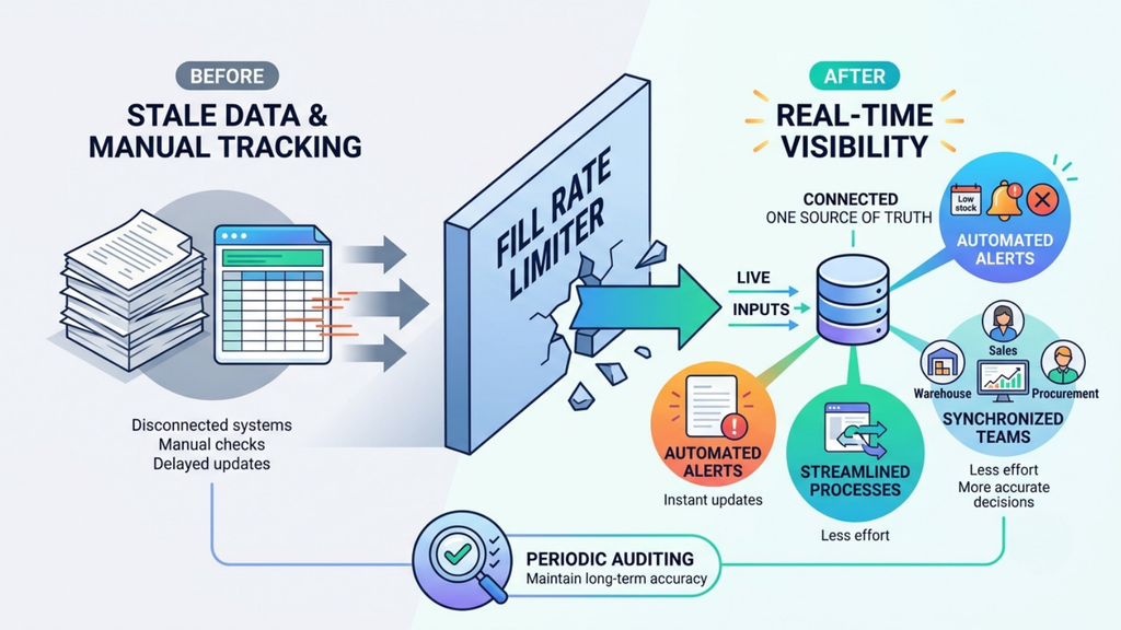 Real-time inventory visibility framework comparing stale manual tracking with connected stock data, automated alerts, and synchronized operations