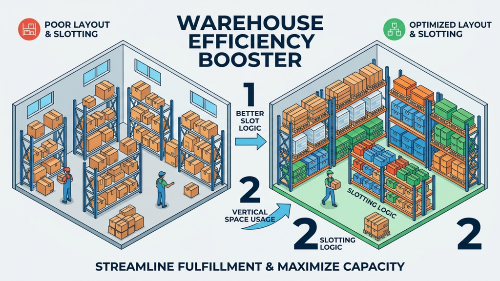 Warehouse layout and slotting comparison showing poor space utilization versus optimized warehouse storage and picking areas