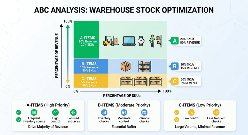 ABC inventory analysis showing A, B, and C items categorized by revenue contribution and monitoring priority