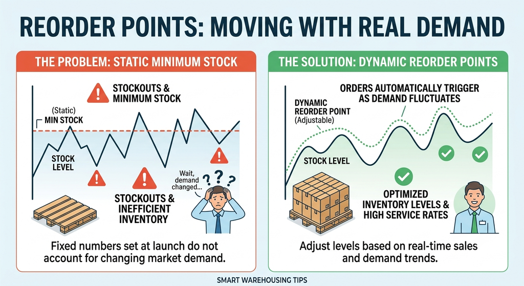 Dynamic reorder point comparison showing static minimum stock levels versus demand-based inventory replenishment