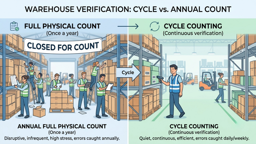 Cycle counting comparison showing annual physical inventory counts versus continuous warehouse stock verification