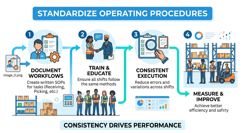 Warehouse standard operating procedures showing documented workflows, staff training, consistent execution, and performance improvement