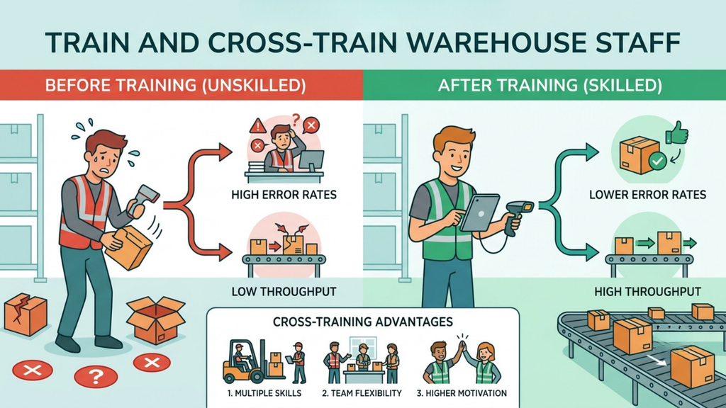 Warehouse staff training illustration comparing unskilled workers with trained employees and the resulting differences in errors and throughput
