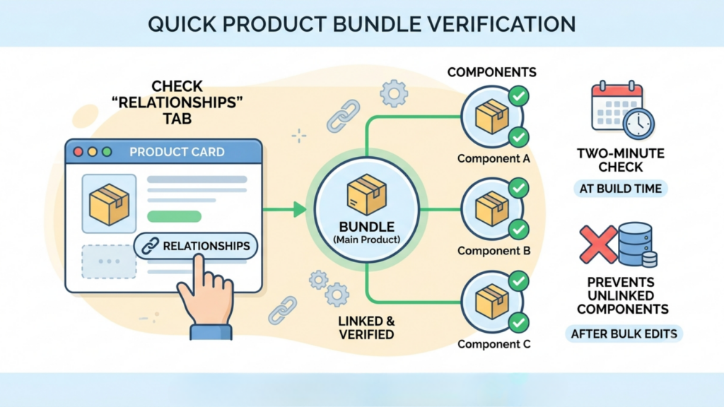 Product relationship verification screen showing linked bundle components and a two-minute relationship check
