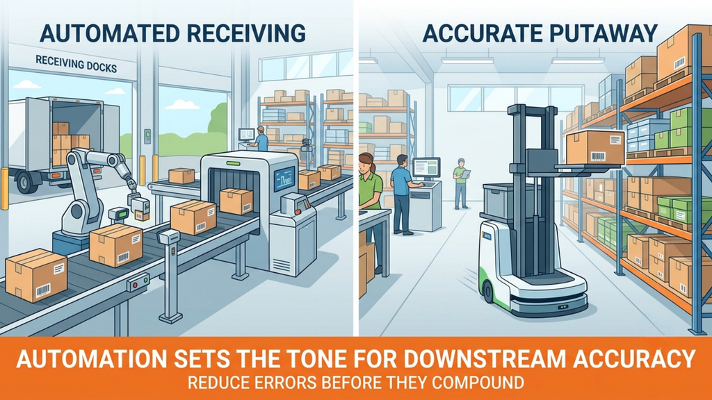 Automated warehouse receiving and putaway showing incoming goods being processed and stored using automated systems