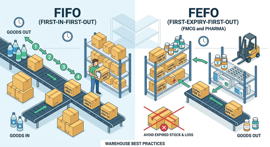 FIFO and FEFO inventory management showing first-in-first-out and first-expiry-first-out processes for warehouse stock