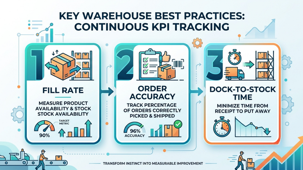 Warehouse KPI dashboard showing fill rate, order accuracy, and dock-to-stock time as key performance metrics