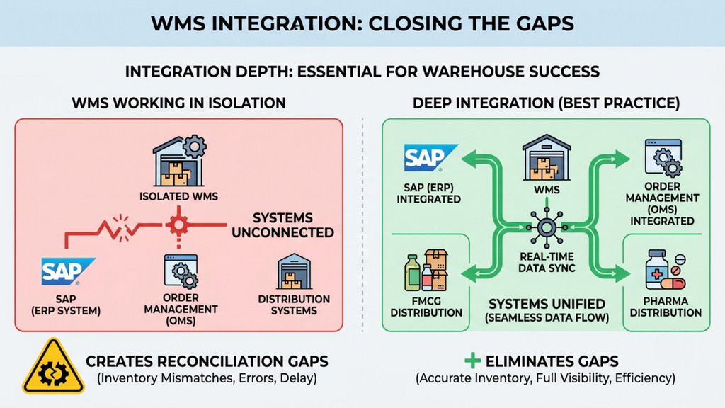 WMS integration diagram showing SAP, ERP, OMS, and warehouse systems connected through real-time data synchronization