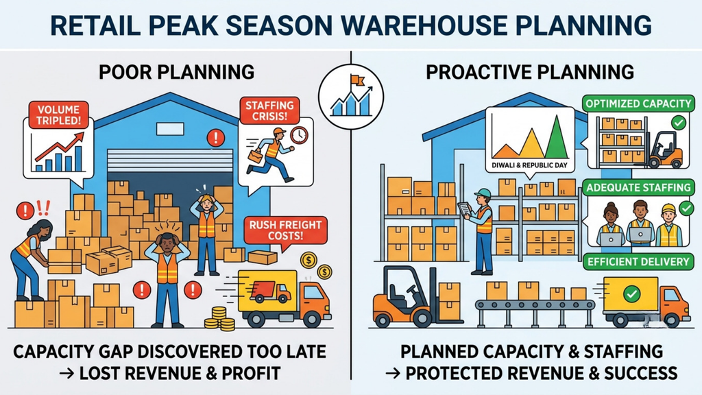 Seasonal warehouse planning comparison showing poor planning versus proactive capacity and staffing preparation for peak demand